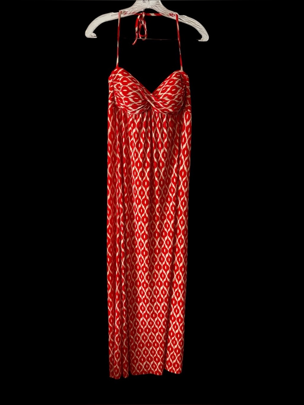 Robin Piccone Coral Red White Ikat Geometric Halter Maxi Dress Sz L